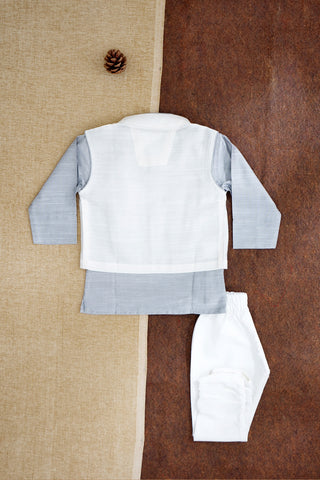 Boys Grey Kurta Set With Contrast Color Block Waistcoat And Gathered Pant