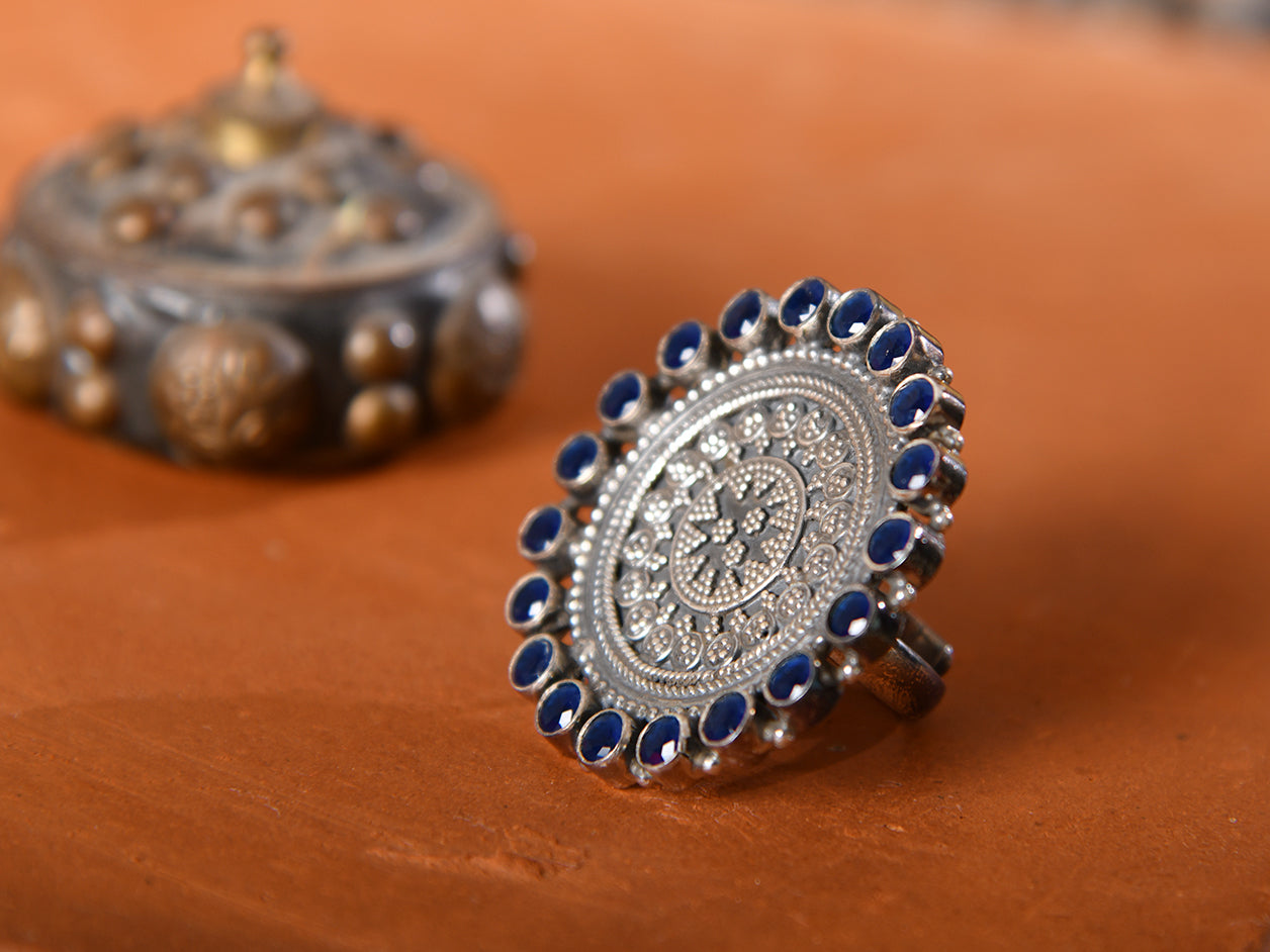 Lapis Lazuli Stone Rava Work Oxidised Pure Silver Adjustable Ring