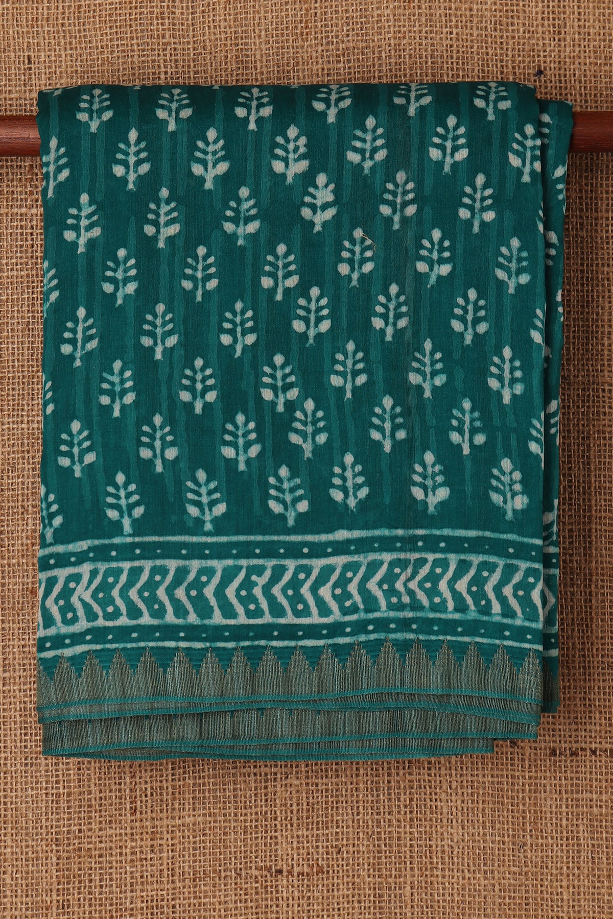 Leaf Motif Turquoise Blue Maheshwari Printed Silk Cotton Saree