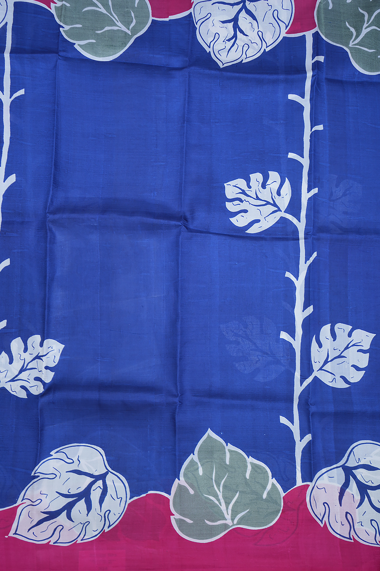 Leaf Design Capri Blue Printed Silk Saree