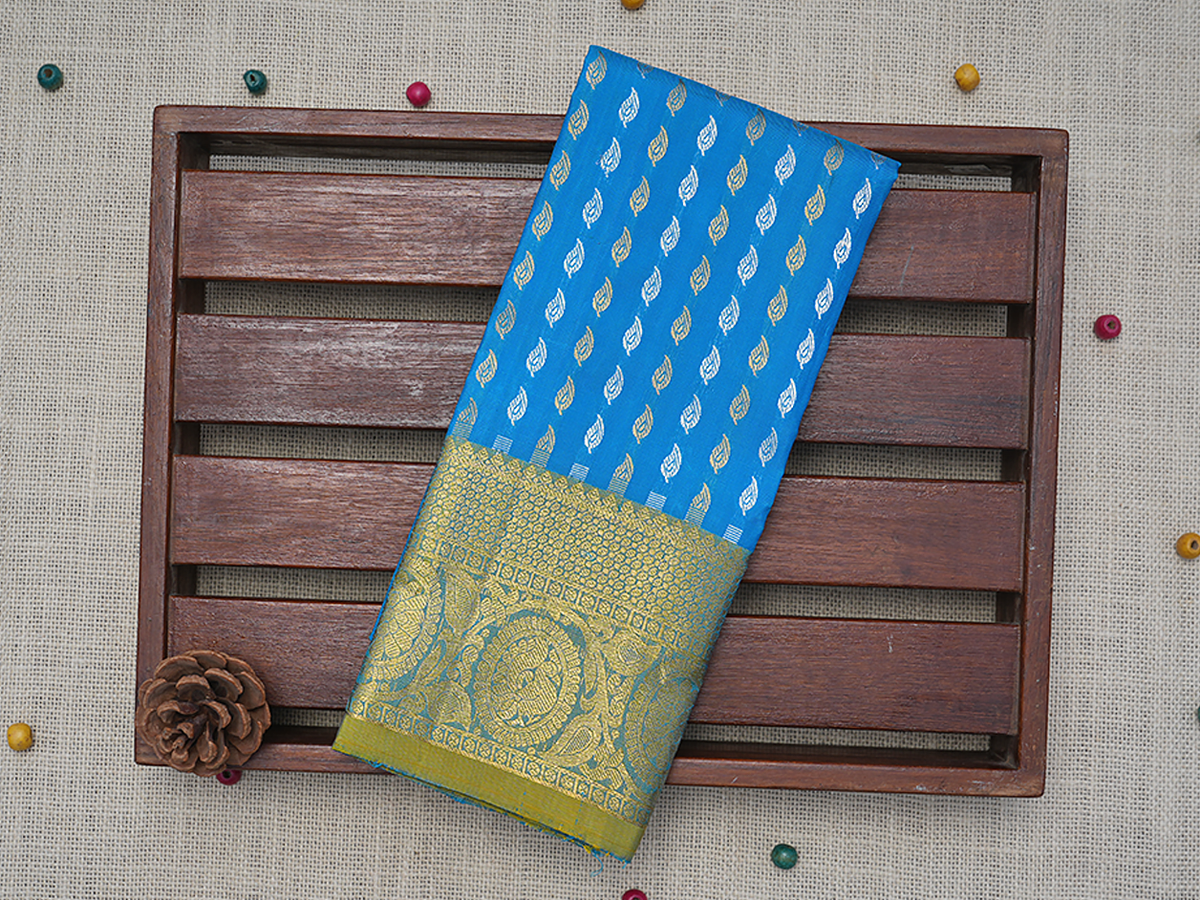 Leaf Design Cerulean Blue Pavadai Sattai Material