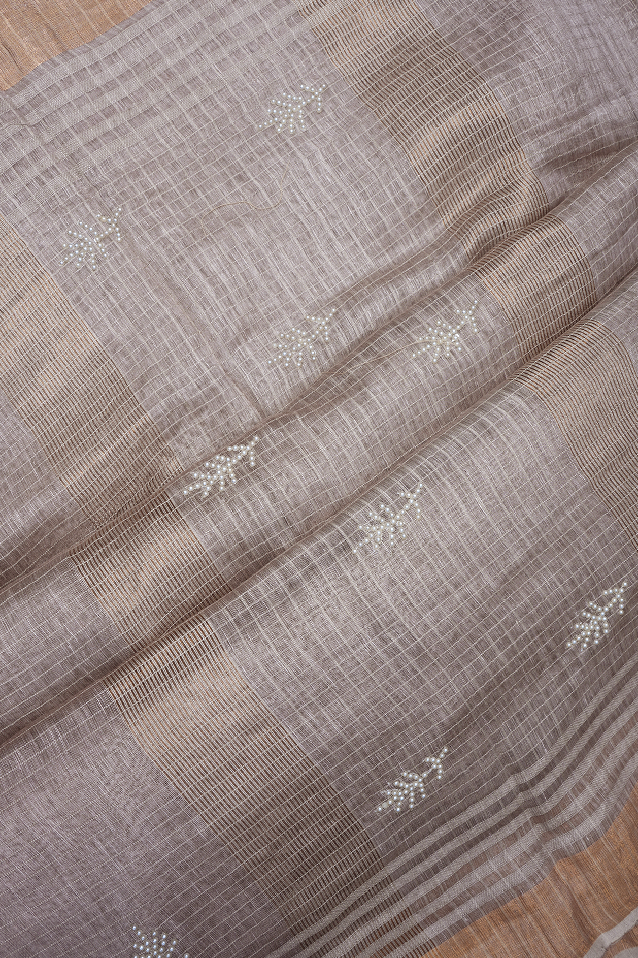 Leaf Design Pearl Motifs Dusty Brown Linen Saree