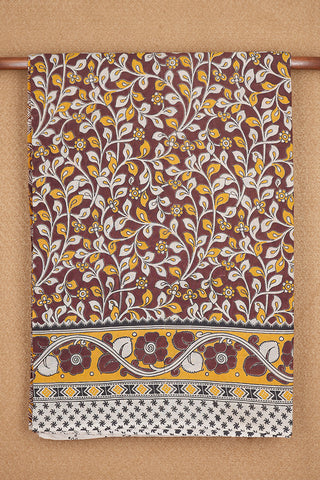 Leaf Design Plum Brown Printed Kalamkari Cotton Saree