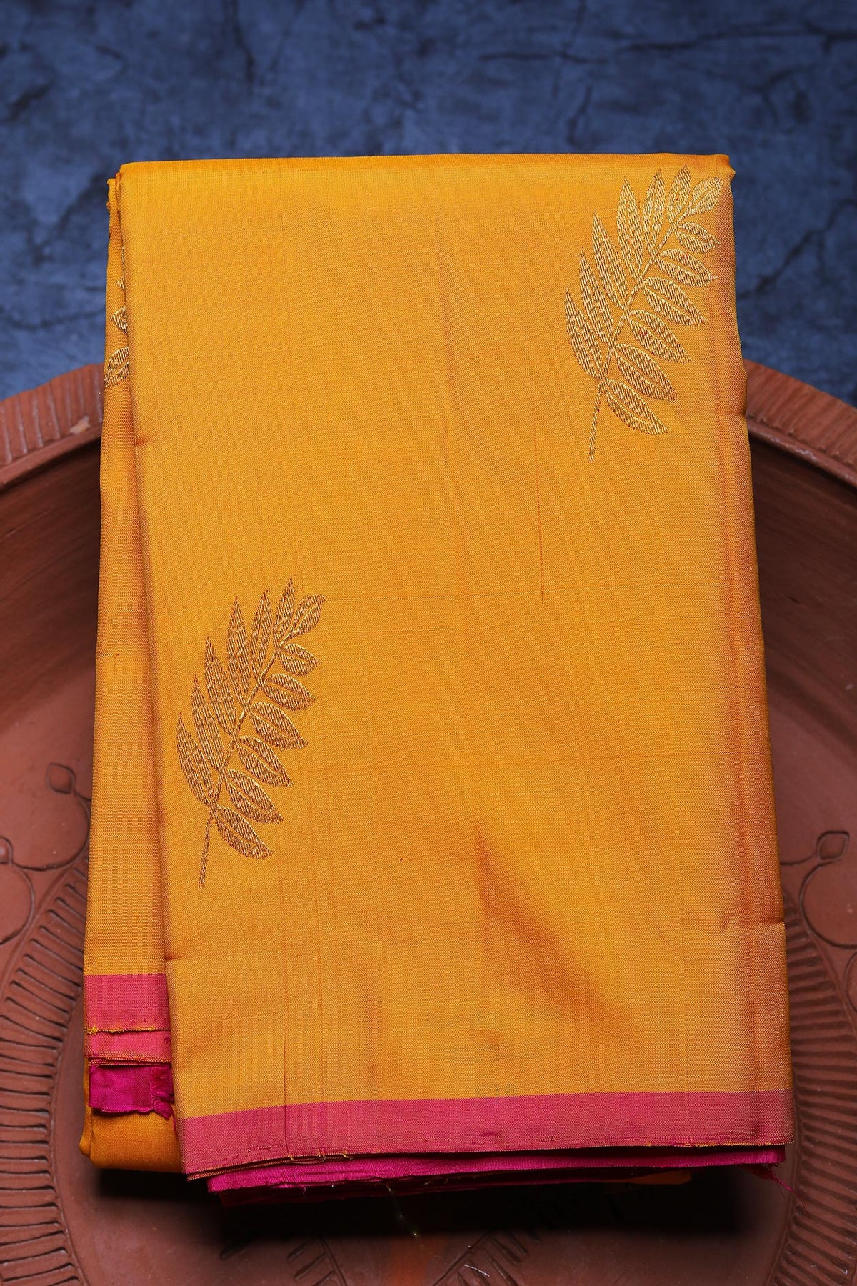 Leaf Design Zari Butta Yellow Kanchipuram Silk Saree