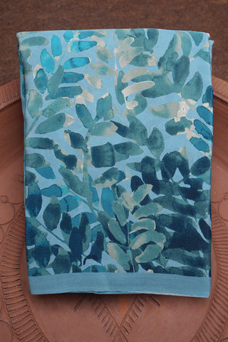 Leaf Design Digital Printed Stone Blue Satin Crepe Saree