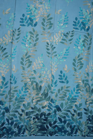 Leaf Design Digital Printed Stone Blue Satin Crepe Saree