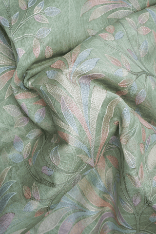 Leaf Embroidered Design Pastel Green Linen Saree