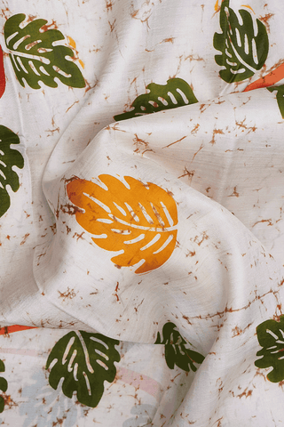 Leaf Motifs Egg White Printed Silk Saree