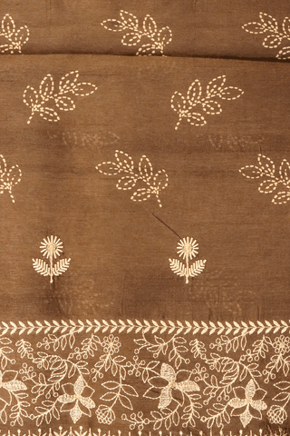 Leaf Printed Motifs Brown Semi Tussar Silk Saree