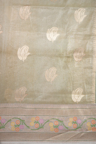 Leaf Threadwork Motifs Pale Green Banarasi Silk Saree