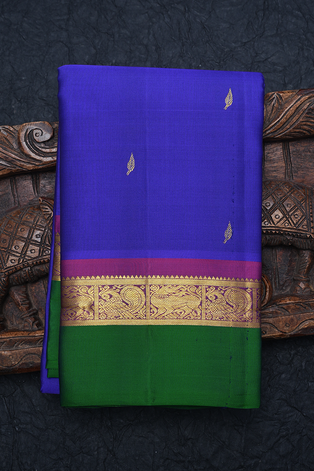 Leaf Zari Buttas Indigo Blue Kanchipuram Silk Saree