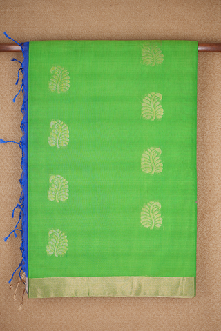 Leaf Zari Motifs Parrot Green Kora Silk Cotton Saree