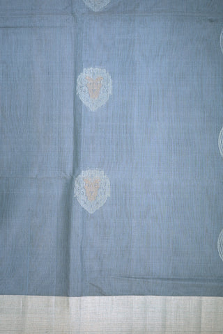 Lion Zari Motifs Steel Blue Kora Silk Cotton Saree