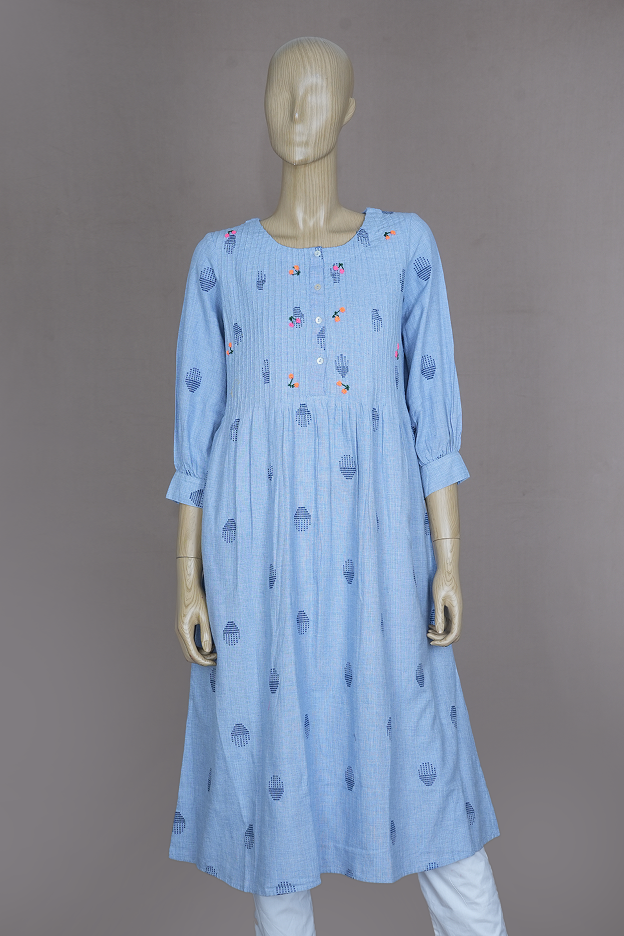 Round Neck With Buttons Dusty Blue Dobby Cotton Long Kurta