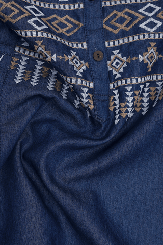 Round Neck Threadwork Design Blue Jeans Cotton Long Kurta