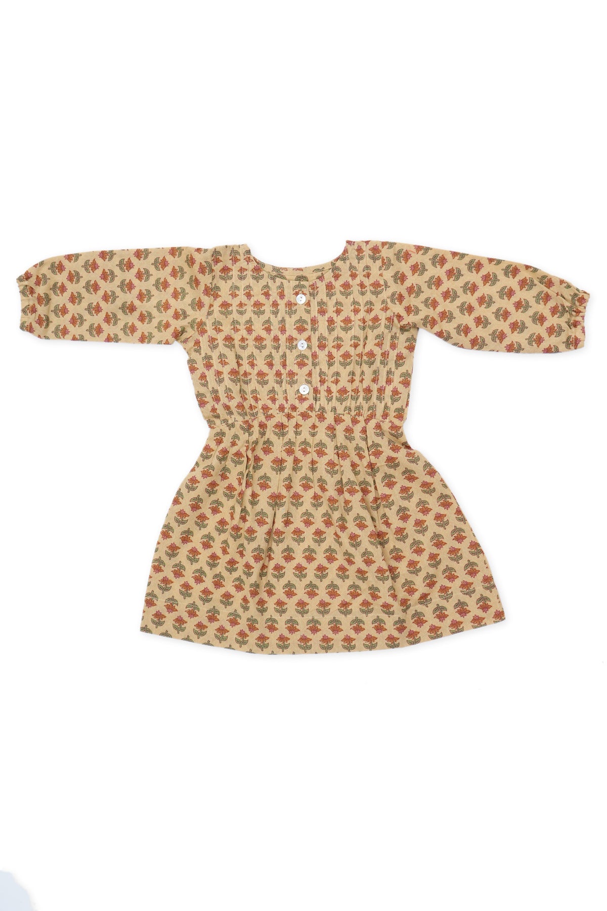 Block Printed Earthy Brown Pleated Cotton Long Sleeve Dress