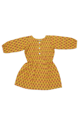 Block Printed Mustard Pleated Cotton Long Sleeve Dress