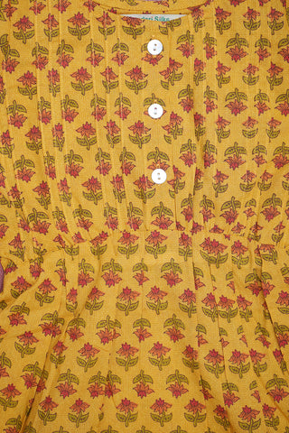 Block Printed Mustard Pleated Cotton Long Sleeve Dress