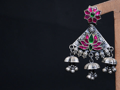 Lotus Design Pure Silver Jhumkas With Kundan Stones