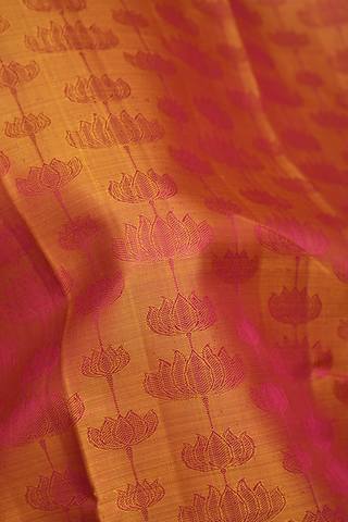 Lotus Threadwork Design Golden Yellow Kanchipuram Silk Saree