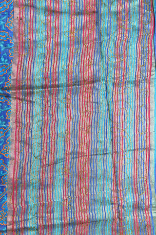 Embroidered And Floral Digital Printed Aegean Blue Semi Raw Silk Saree