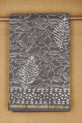 Small Zari Border With Allover Printed Taupe Grey Chanderi Silk Cotton Saree