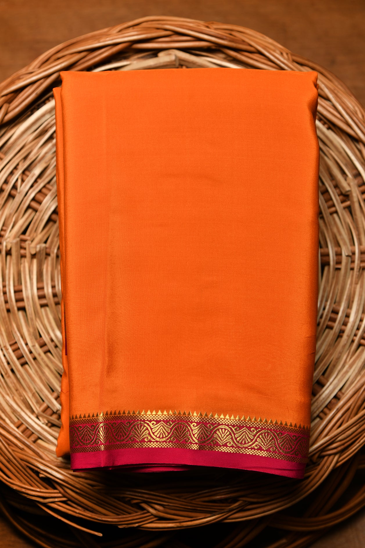 Small Zari Border Marigold Orange Plain Mysore Silk Saree