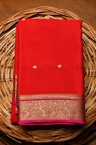 Contrast Traditional Zari Border With Floral Buttis Red Mysore Silk Saree