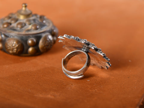 Rava Work Oxidised Pure Silver Adjustable Ring