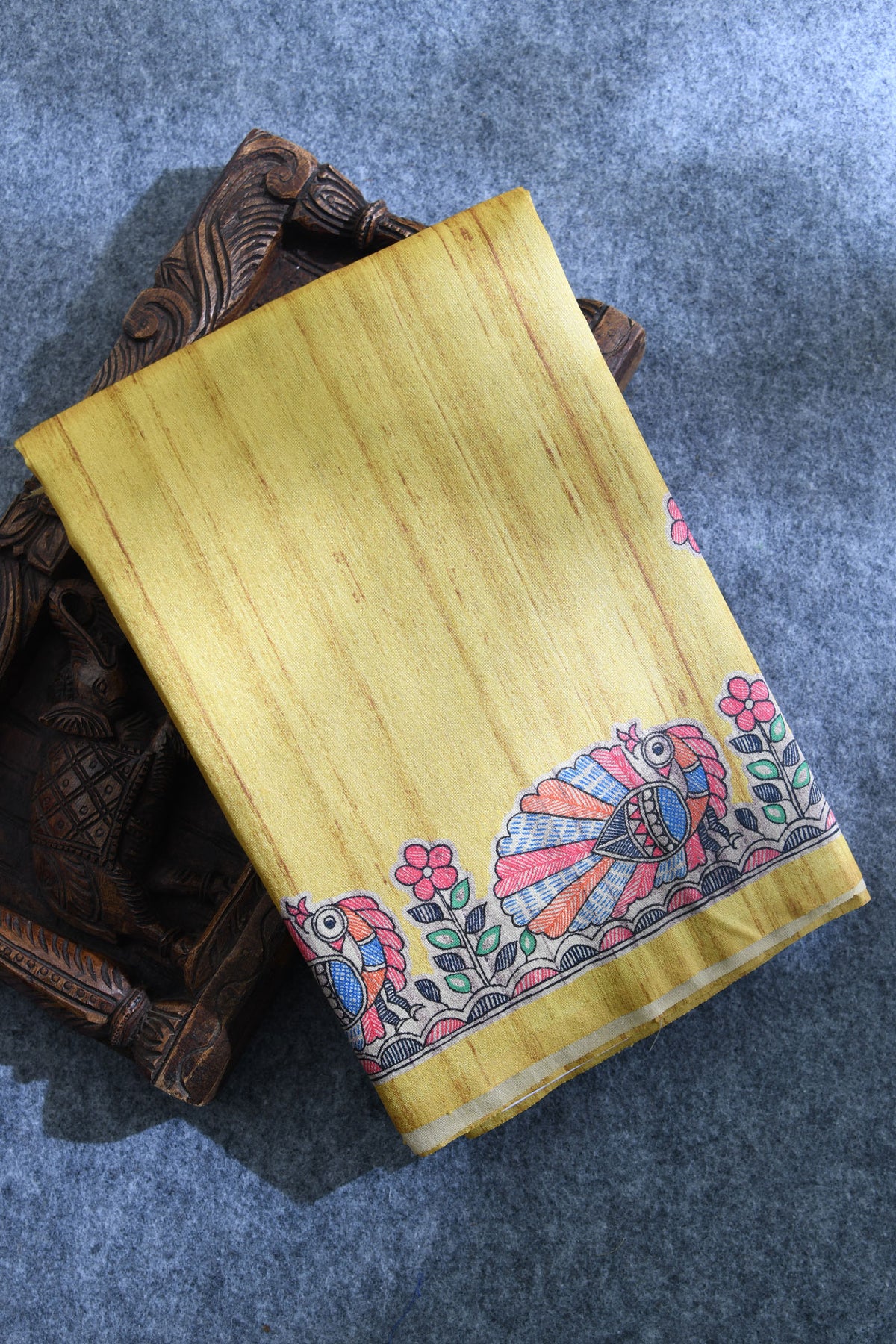 Madhubani Digital Printed Corn Yellow Semi Tussar Silk Saree
