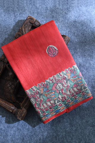 Madhubani Digital Printed Red Semi Tussar Silk Saree