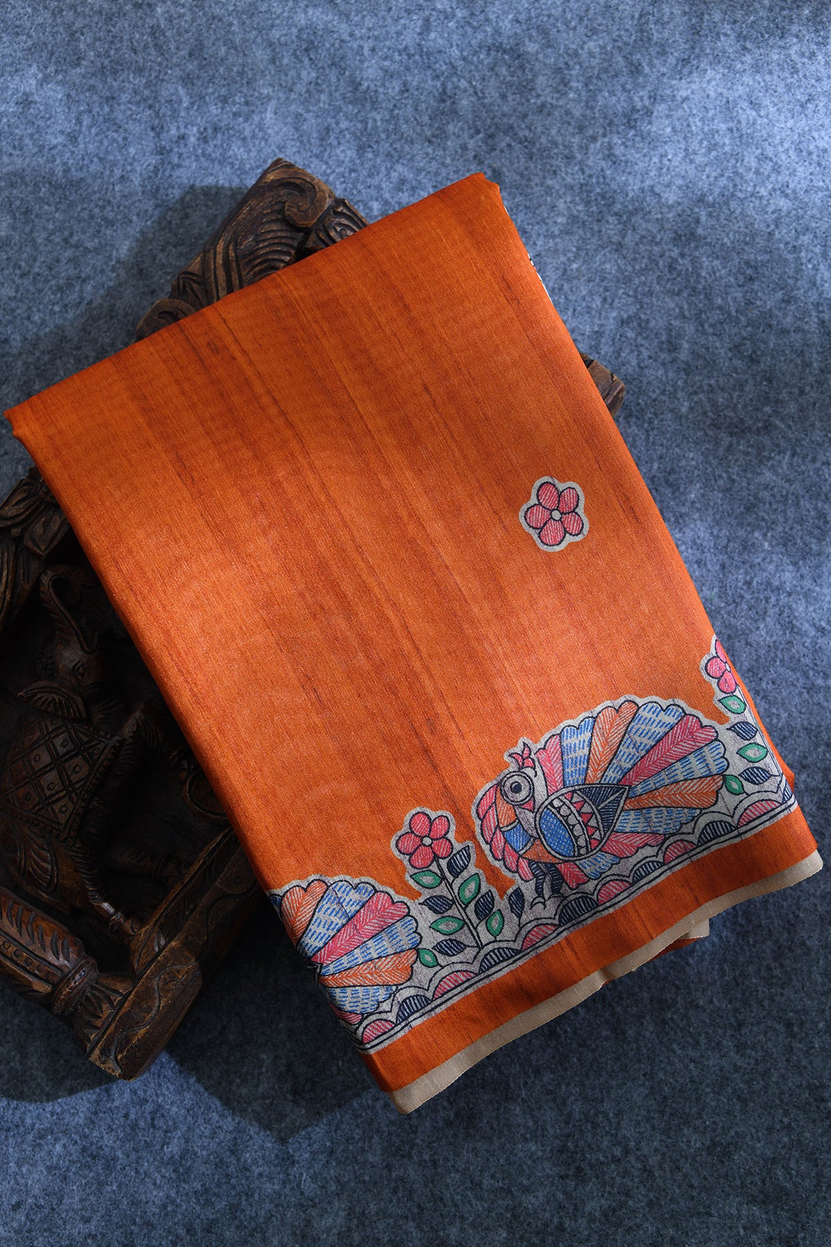 Madhubani Digital Printed Rust Orange Semi Tussar Silk Saree