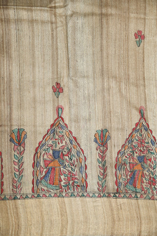 Madhubani Hand Painted Beige Tussar Silk Saree