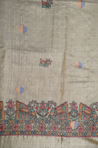 Madhubani Hand Painted Beige Tussar Silk Saree
