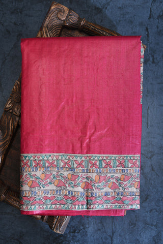 Madhubani Hand Painted Border In Plain Magenta Pink Tussar Silk Saree