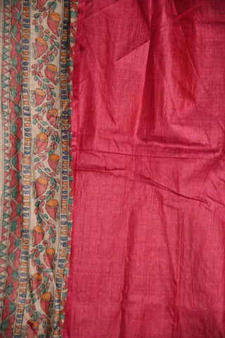 Madhubani Hand Painted Border In Plain Magenta Pink Tussar Silk Saree