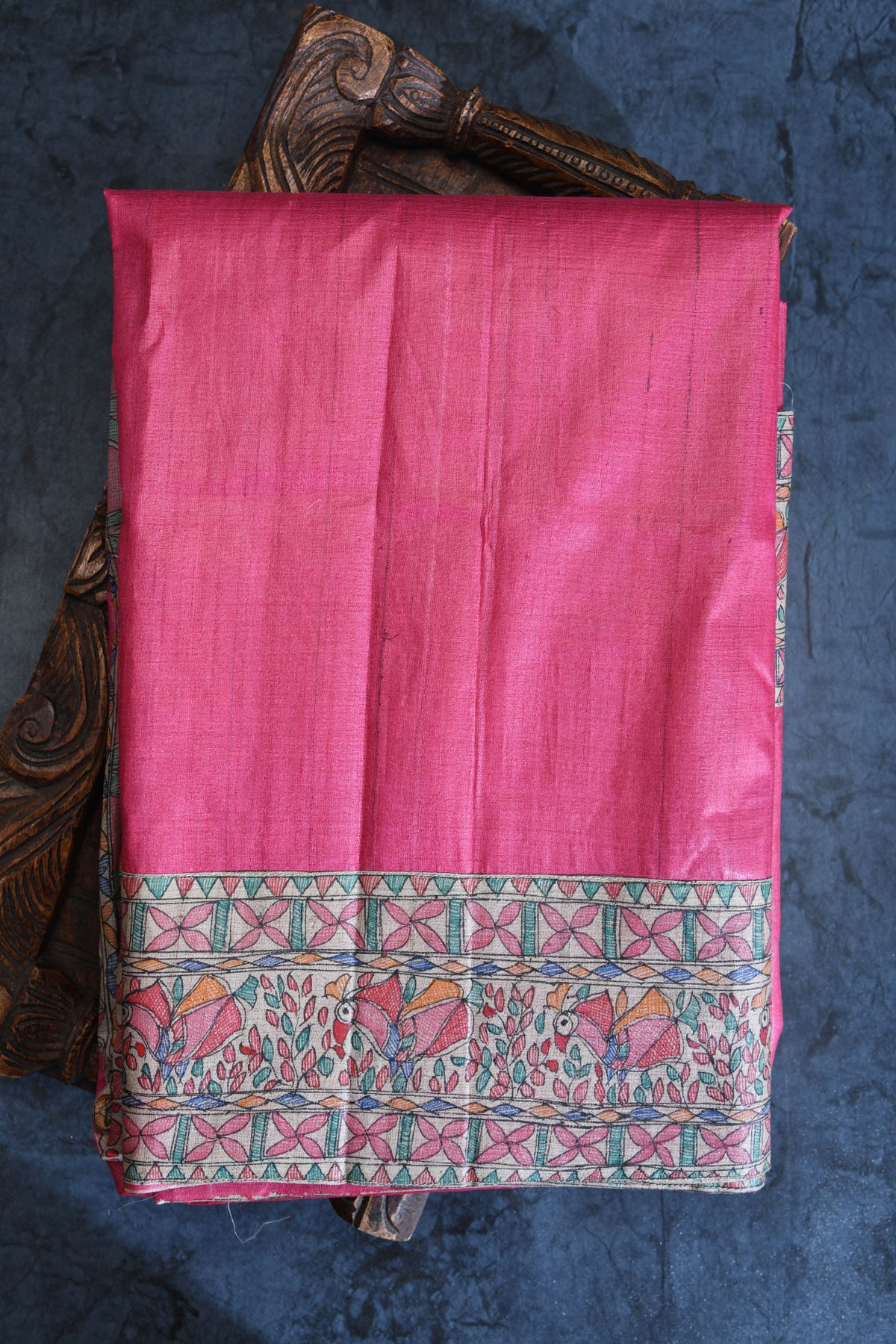 Madhubani Hand Painted Border In Plain Rani Pink Tussar Silk Saree