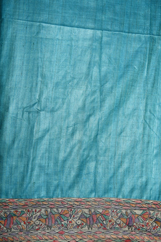 Madhubani Hand Painted Border In Plain Sky Blue Tussar Silk Saree