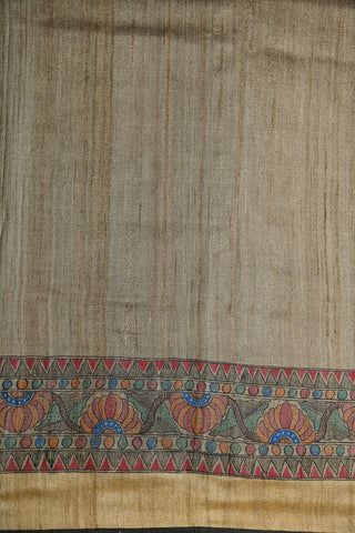Madhubani Hand Painted Taupe Grey Tussar Silk Saree
