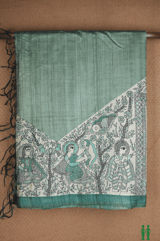 Madhubani Printed Border Plain Dusty Green Tussar Silk Saree