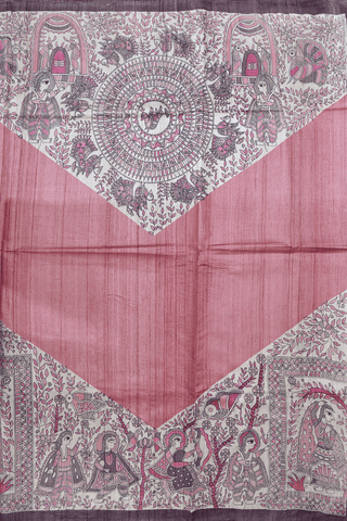 Madhubani Printed Border Plain Dusty Pink Tussar Silk Saree