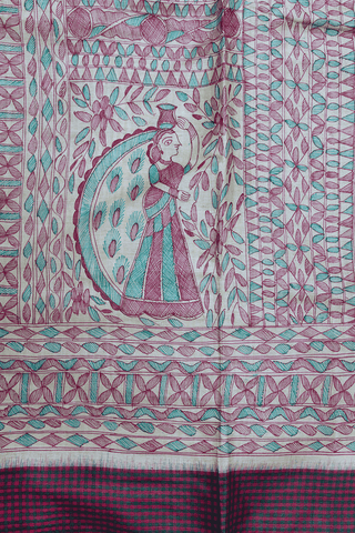 Madhubani Printed Design Beige Tussar Silk Saree