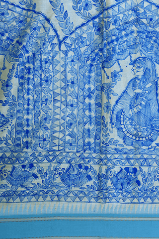 Madhubani Printed Design Blue Tussar Silk Saree