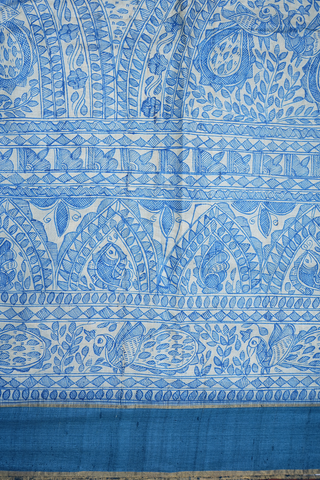 Madhubani Printed Design White Tussar Silk Saree