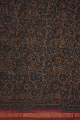 Allover Sunflower Design And Contrast Zari Border Cocoa Brown Mangalagiri Printed Cotton Saree