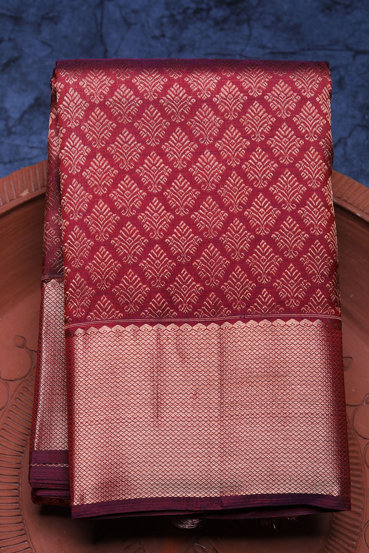 Mayilkan Copper Zari Border With Brocade Design Maroon Kanchipuram Silk Saree