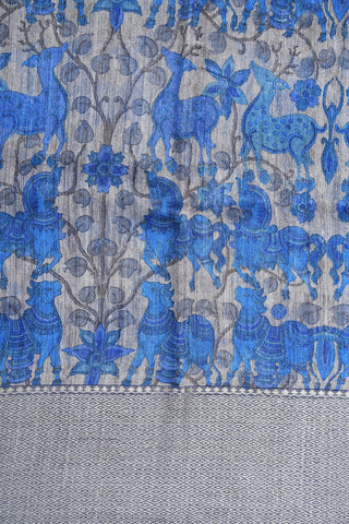 Mayilkan Jute Border With Fancy Printed Grey And Blue Linen Tussar Silk Saree
