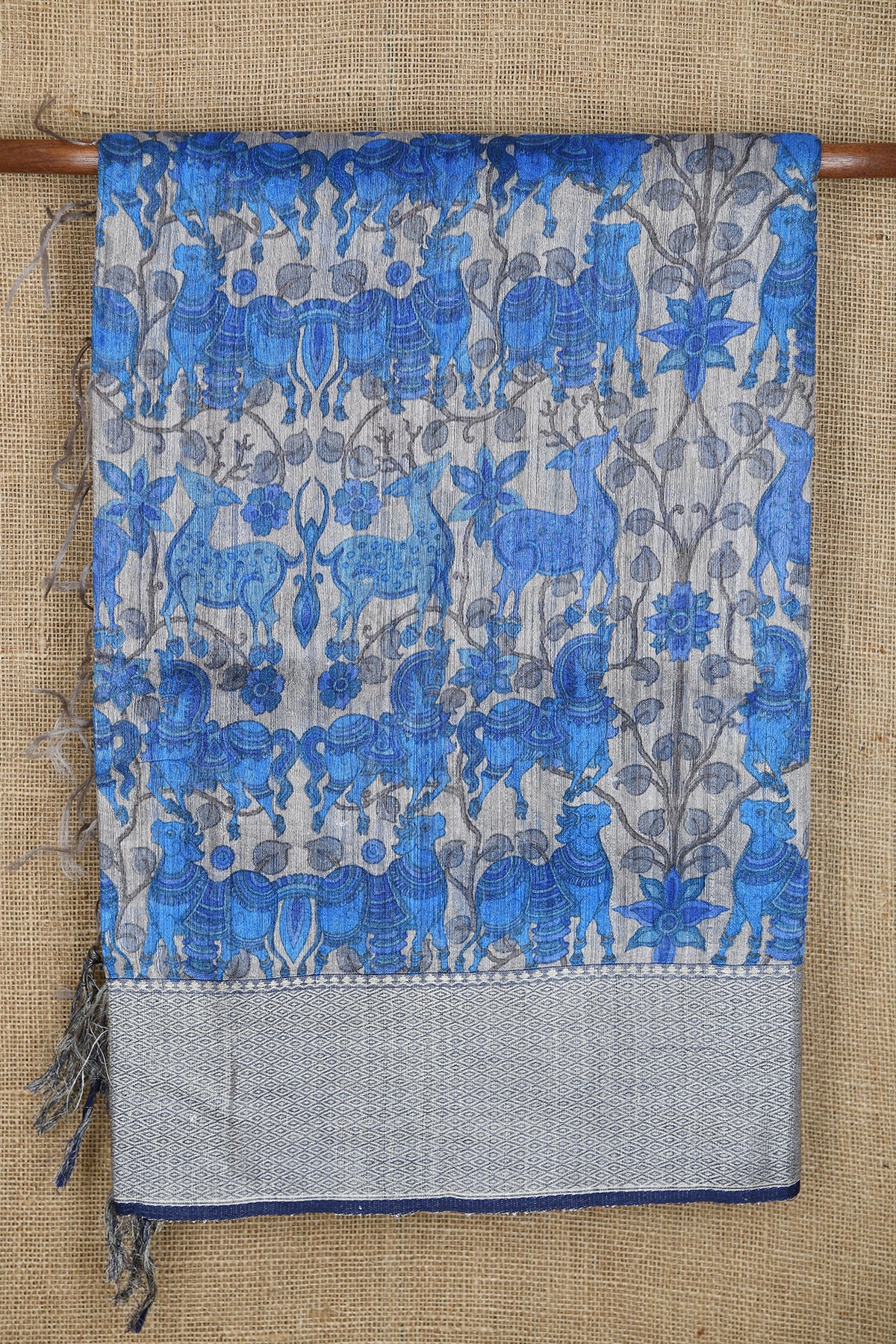 Mayilkan Jute Border With Fancy Printed Grey And Blue Linen Tussar Silk Saree