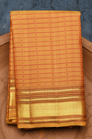 Mayilkan Zari Border With Thread Work Stripes Mustard Yellow Kanchipuram Silk Saree