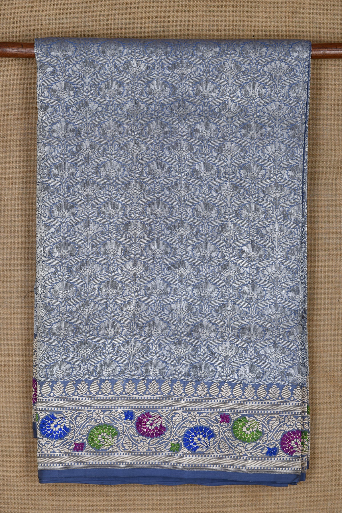 Meenakari Work Floral Border With Ogee Pattern Powder Blue Banaras Silk Saree
